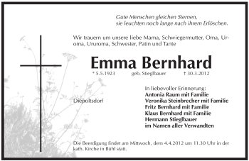Traueranzeige von Emma Bernhard von Pegnitz-Zeitung
